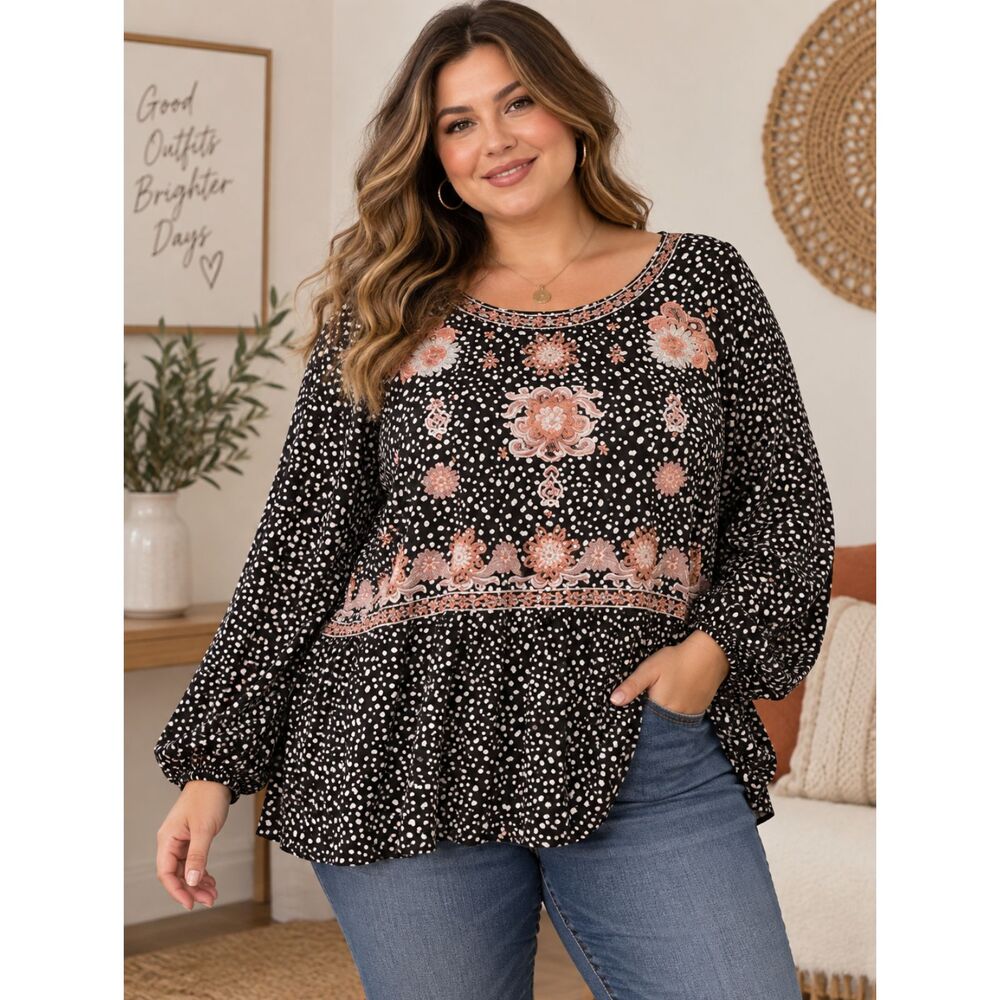 Savanna Jane 2X Black Polka Dot Embroidered Floral Boho Peplum Rayon Blouse